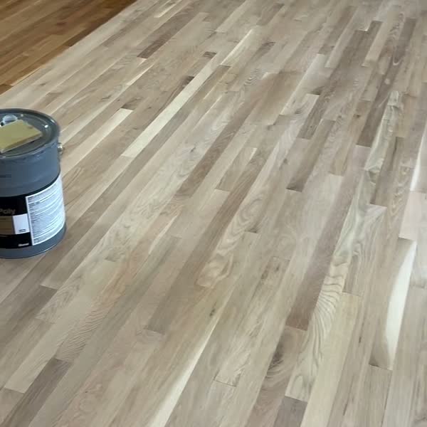 Oak floor during prep for clear waterborne finish in Portland